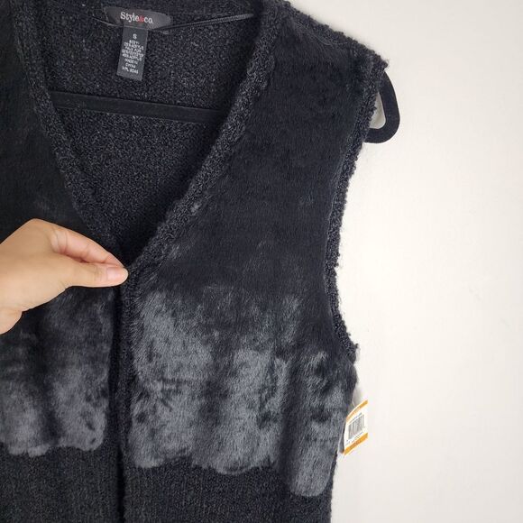 Style & Co Black Vest Sweater Faux Fur Accent Open Front Sleeveless Cardigan S - Picture 11 of 16